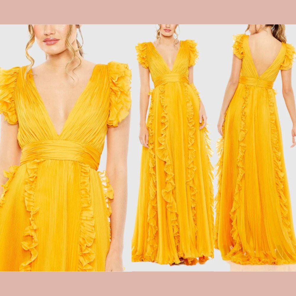 NWT IEENA Mac Duggal [ 6 ] 49539 Pleated Ruffle Sleeve A Line Gown Marigold Yell